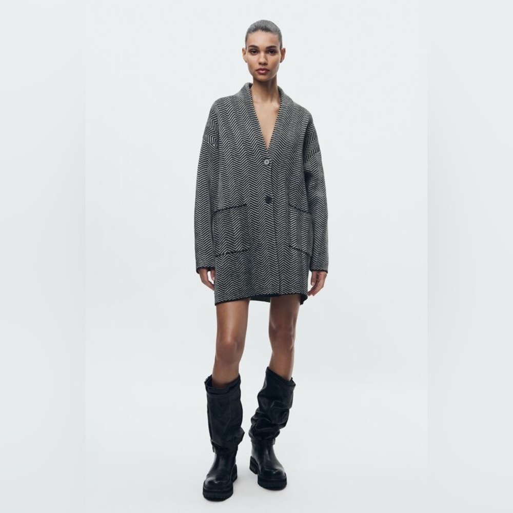 Zara HERRINGBONE KNIT CROPPED COAT